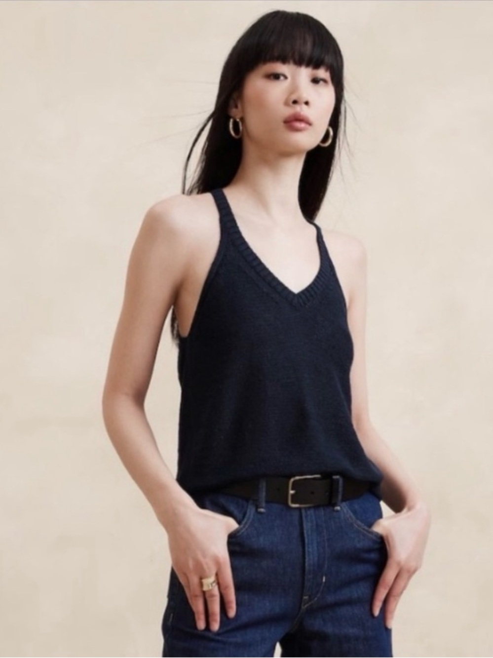 NWT Banana Republic Teia Linen Knit Sweater Navy Blue V-Neck Racerback Tank Sz M